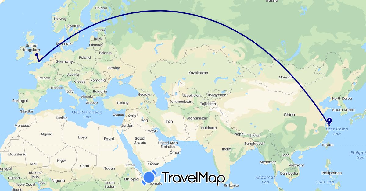 TravelMap itinerary: driving in China, United Kingdom (Asia, Europe)